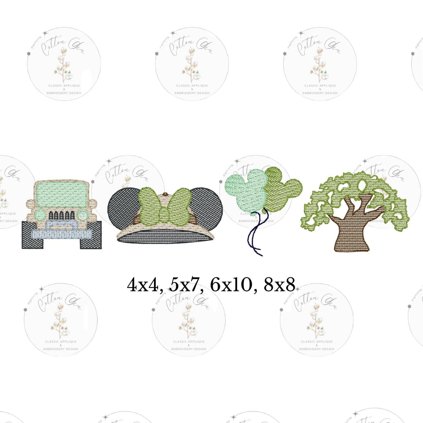 Popular Mouse Safari Theme Park sketch fill stitch embroidery machine design download file 4x4, 5x7, 6x10, 8x8 by Cotton Gin Digitizing