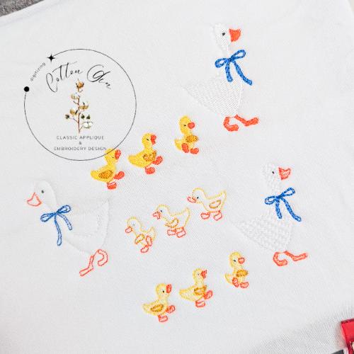 Mama Duck and Four Baby Duckling motif fill, vintage style fill, simple stitch machine embroidery design download by Cotton Gin Digitizing
