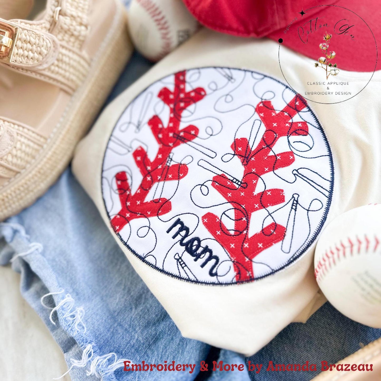 Quilted patchwork Baseball Applique machine embroidery design download file by Cotton Gin Embroidery 4 5 6 7 8 9 10 11 12 inch hoop sizes