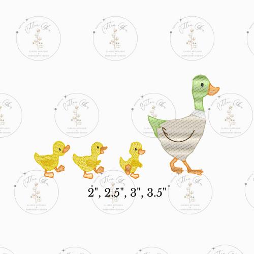 Mama Mallard Duck and Baby Ducklings in a Line sketch fill, light fill, quick stitch machine embroidery design download file four sizes