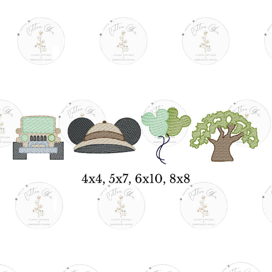 Popular Mouse Safari Theme Park sketch fill stitch embroidery machine design download file 4x4, 5x7, 6x10, 8x8 by Cotton Gin Digitizing