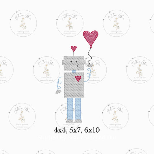 Valentines Day heart robot with heart balloon sketch fill, light fill, quick stitch machine embroidery design file by cotton gin digitizing