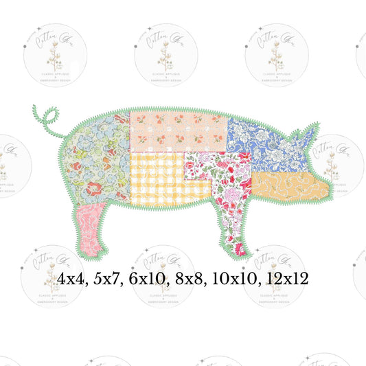Quilted patchwork Farmhouse Pig Applique machine embroidery design download file by Cotton Gin Embroidery 4 5 7 8 10 12 inch hoop sizes