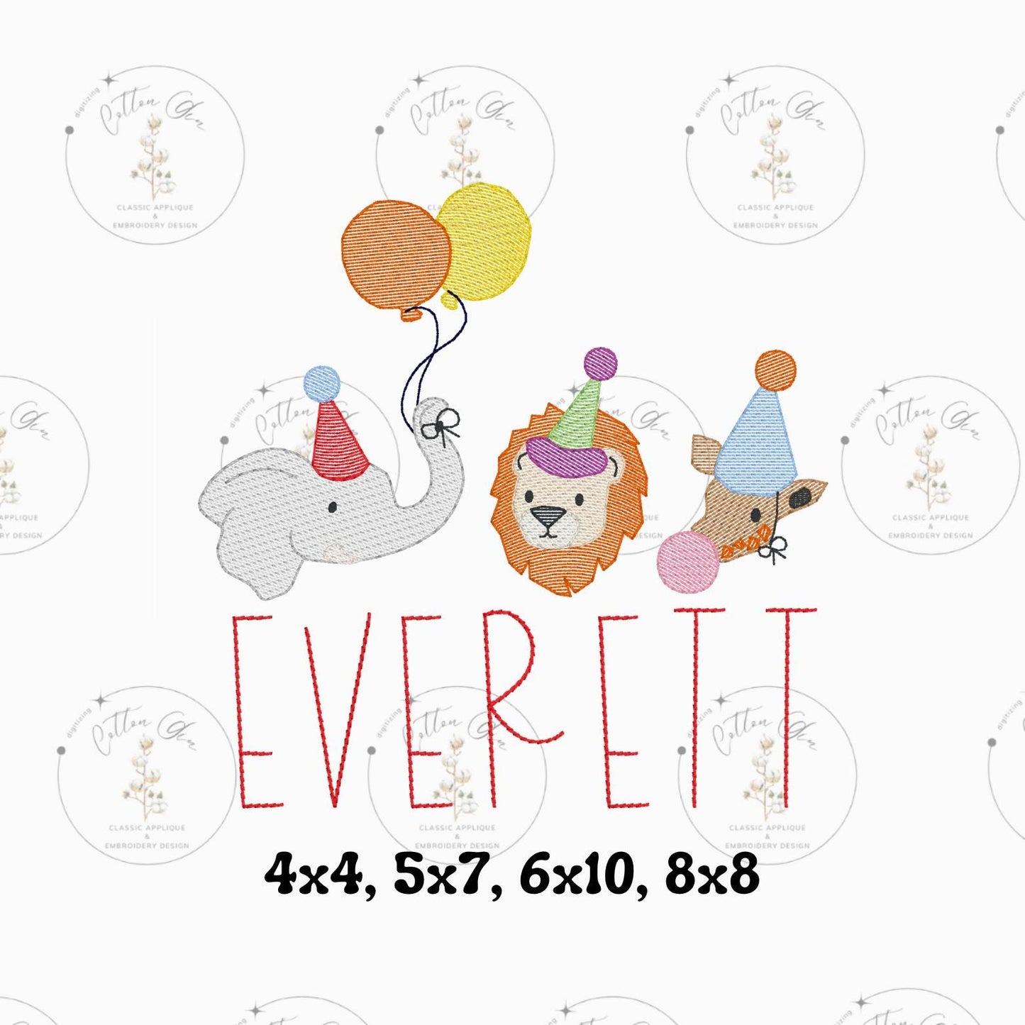Party Safari Animals Birthday trio sketch fill, light fill, quick stitch machine embroidery design file by cotton gin digitizing four sizes