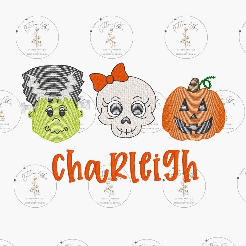 Girl Bride of Frankenstein Skull Jack O Lantern sketch fill, light fill, quick stitch embroidery design download file 4x4, 5x7, 6x10, 8x8