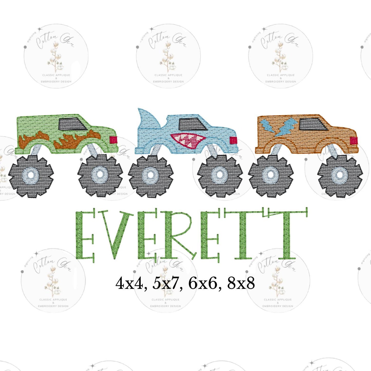 Little Boy monster truck trio sketch fill, light fill, quick stitch machine embroidery design file by cotton gin digitizing four sizes