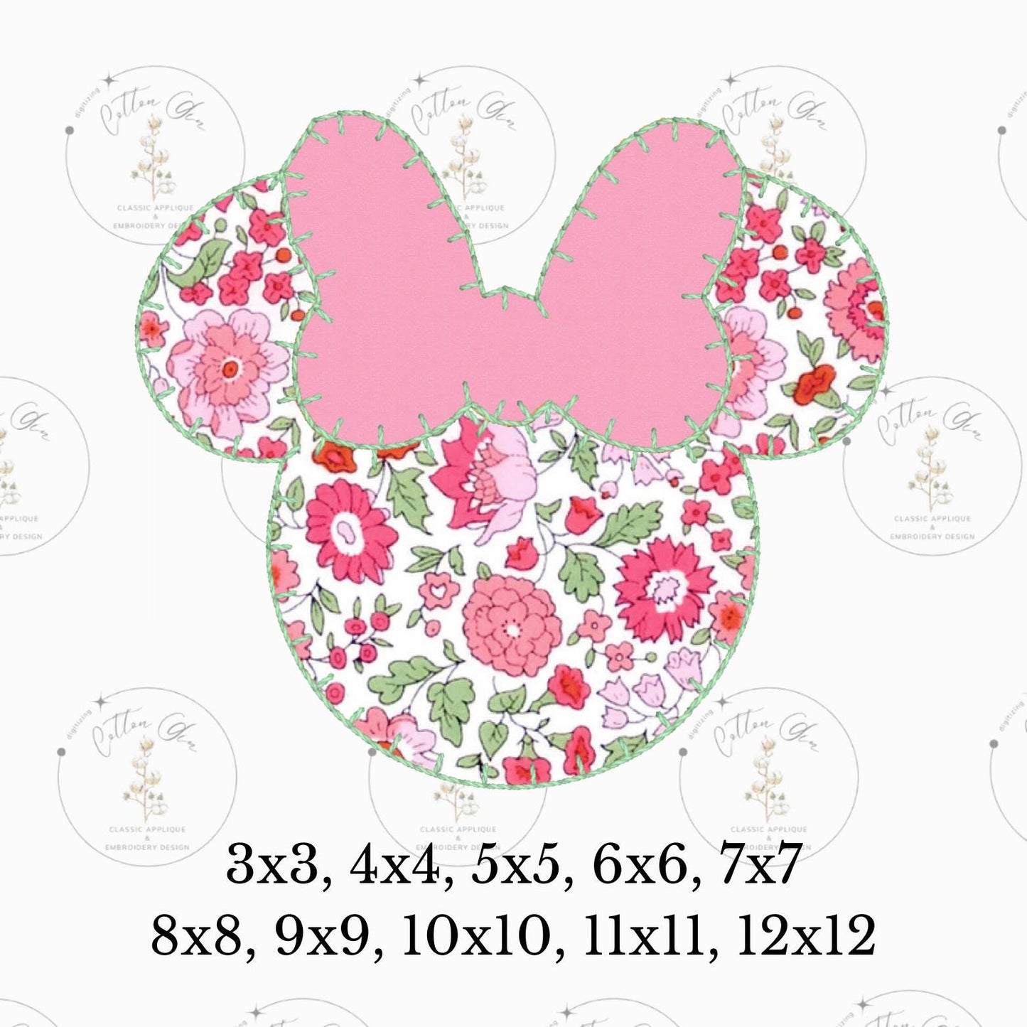 Miss Mouse Head blanket stitch applique , quick stitch embroidery machine design download file 3x3 to 12x12 Cotton Gin Digitizing 10 sizes