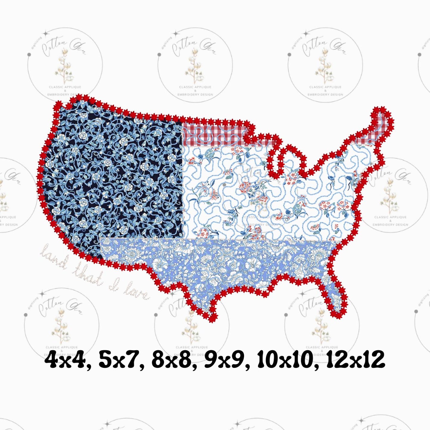 Quilted patchwork United States Star Applique machine embroidery design download file by Cotton Gin Embroidery 4 5 8 9 10 12 inch hoop sizes