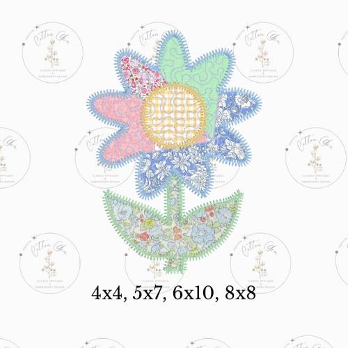 Quilted patchwork Flower Stem Zig Zag Applique machine embroidery design instant download file by Cotton Gin Digitizing 4 different sizes