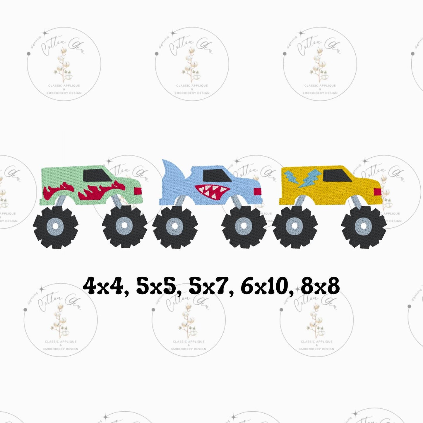 Little Boy monster truck trio dense fill, motif fill, dense stitch machine embroidery design file by cotton gin digitizing five sizes