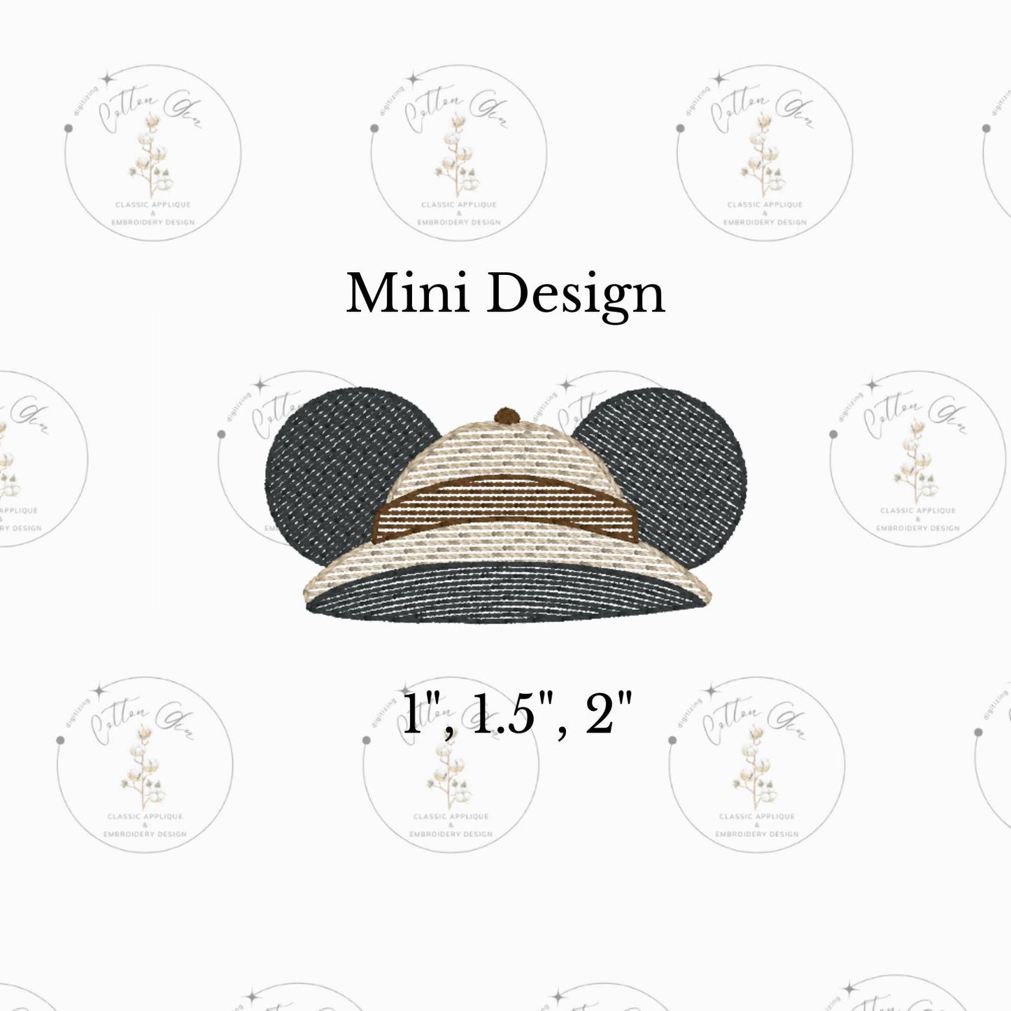 Mini Boy Mouse Ears Safari Hat Animal sketchy stitch, light fill machine embroidery design download file three sizes Cotton Gin Digitizing