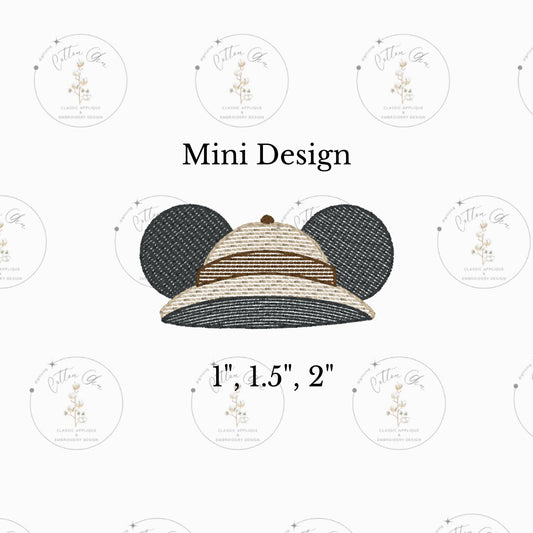 Mini Boy Mouse Ears Safari Hat Animal sketchy stitch, light fill machine embroidery design download file three sizes Cotton Gin Digitizing