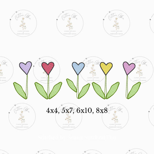 Line of Heart Flowers sketch fill, light quick stitch machine embroidery design download file Cotton Gin Embroidery 4x4, 5x7, 6x10, 8x8
