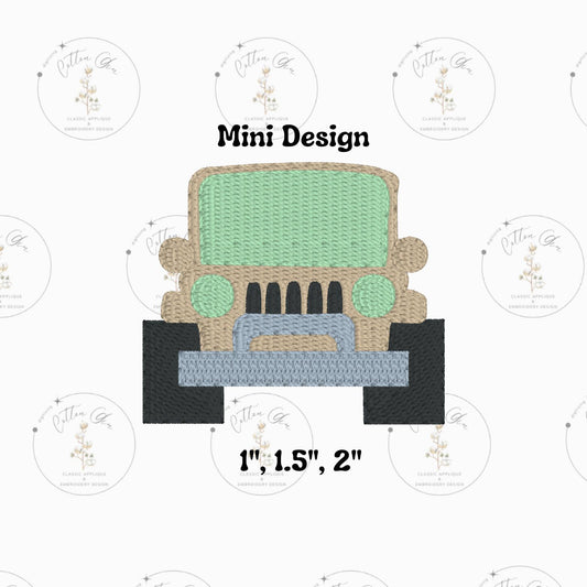 Mini Animal Themed Safari Vehicle for motif stitch, dense fill machine embroidery design download file three sizes Cotton Gin Digitizing