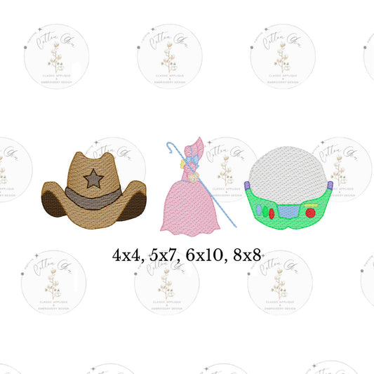 Cowboy Hat Bo Peep Astronaut sketch fill, quick stitch embroidery machine design download file 4x4, 5x7, 6x10, 8x8 by Cotton Gin Digitizing