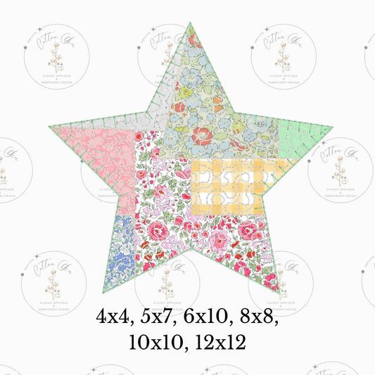 Quilted patchwork Farmhouse Star Applique machine embroidery design download file by Cotton Gin Embroidery 4 5 6 8 10 12 inch hoop sizes