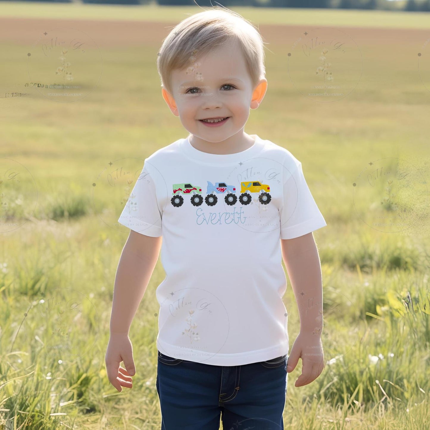 Little Boy monster truck trio dense fill, motif fill, dense stitch machine embroidery design file by cotton gin digitizing five sizes