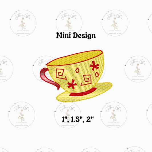 Mini Mad Hats Teaparty Magical Teacup sketchy stitch, light fill machine embroidery design download file three sizes Cotton Gin Digitizing