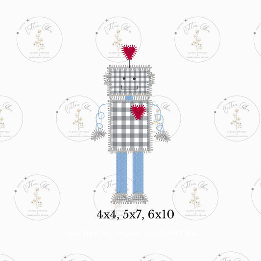 Valentines Day heart robot with valentine zig zag applique, quick stitch machine embroidery design file by cotton gin digitizing 5x7