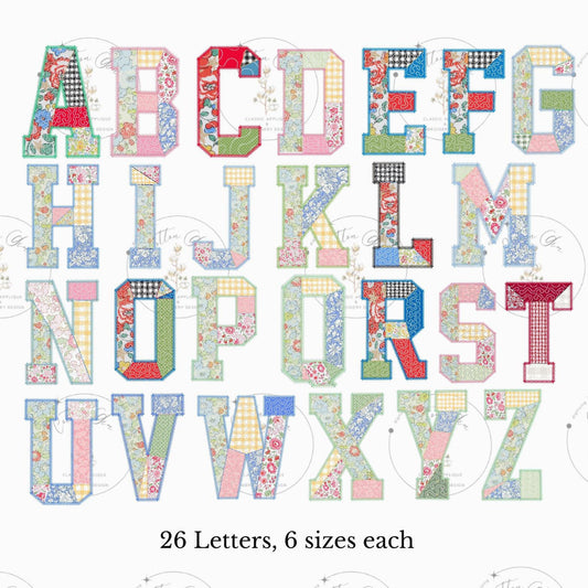 Quilted patchwork Varsity Initial Alphabet A to Z Applique machine embroidery design file by Cotton Gin Embroidery 4 5 6 7 8 9 10 inch sizes
