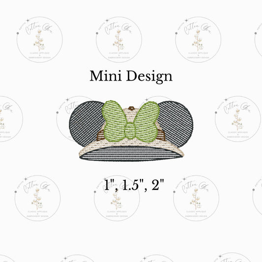 Mini Lady Mouse Ears Safari Hat Animal sketchy stitch, light fill machine embroidery design download file three sizes Cotton Gin Digitizing