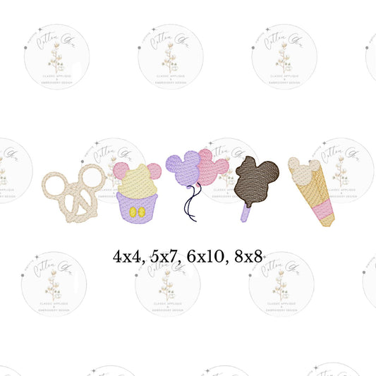 Mouse Head Theme Park Snacks sketch fill, quick stitch embroidery machine design download file 4x4, 5x7, 6x10, 8x8 by Cotton Gin Digitizing
