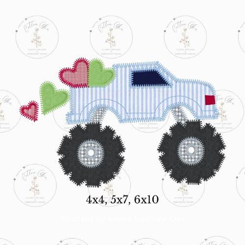 Valentines Day monster truck with hearts little heartbreaker zig zag applique machine embroidery design file cotton gin digitizing 3 sizes
